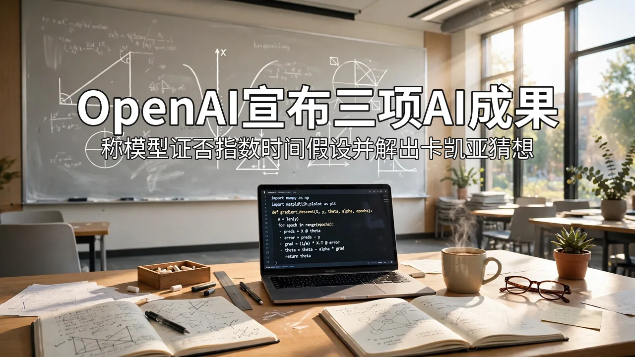 阳光明亮的大学教室:黑板上写满数学公式,桌上放着笔记本与显示代码的笔记本电脑(AI 生成图)
