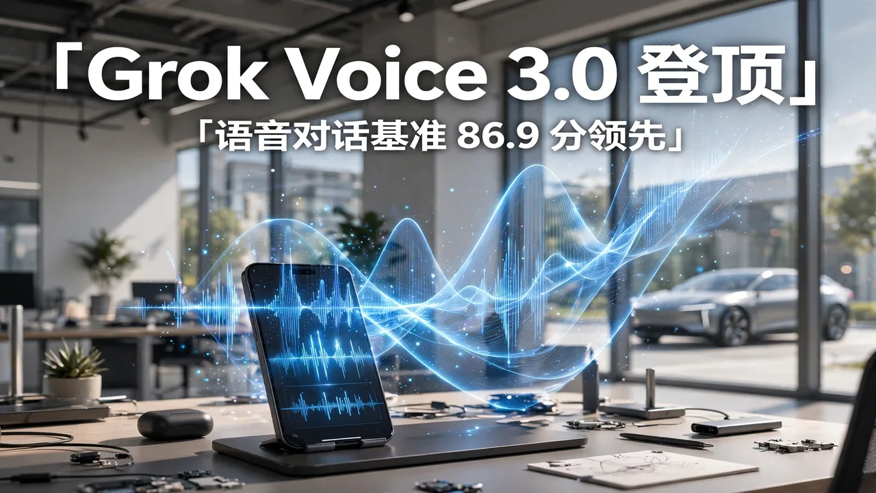 明亮的科技场景，手机上方升起蓝色声波，标题「Grok Voice 3.0 登顶」
