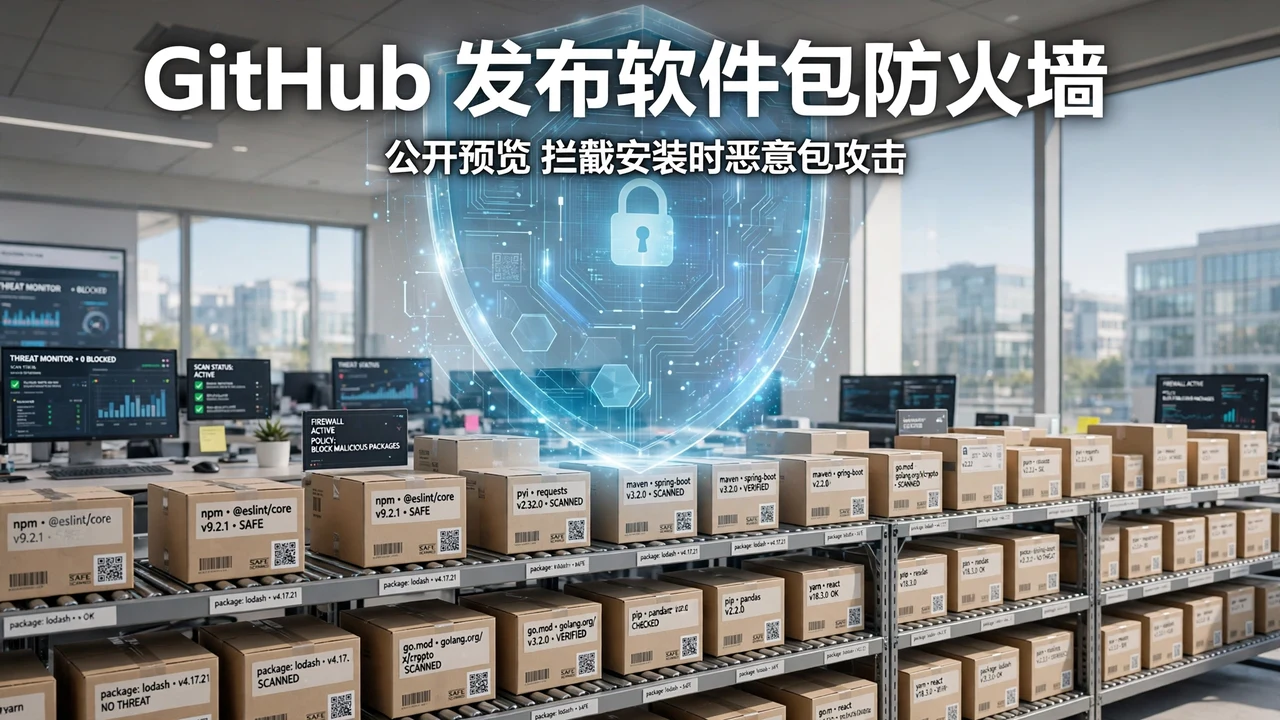 数字盾牌悬浮在贴满软件包标签的货架上方