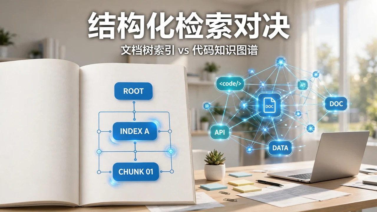 An open document turning into a tree index beside a floating code knowledge graph