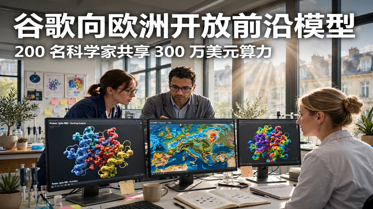A bright European research lab, scientists viewing protein structures, headline '谷歌向欧洲开放前沿模型'