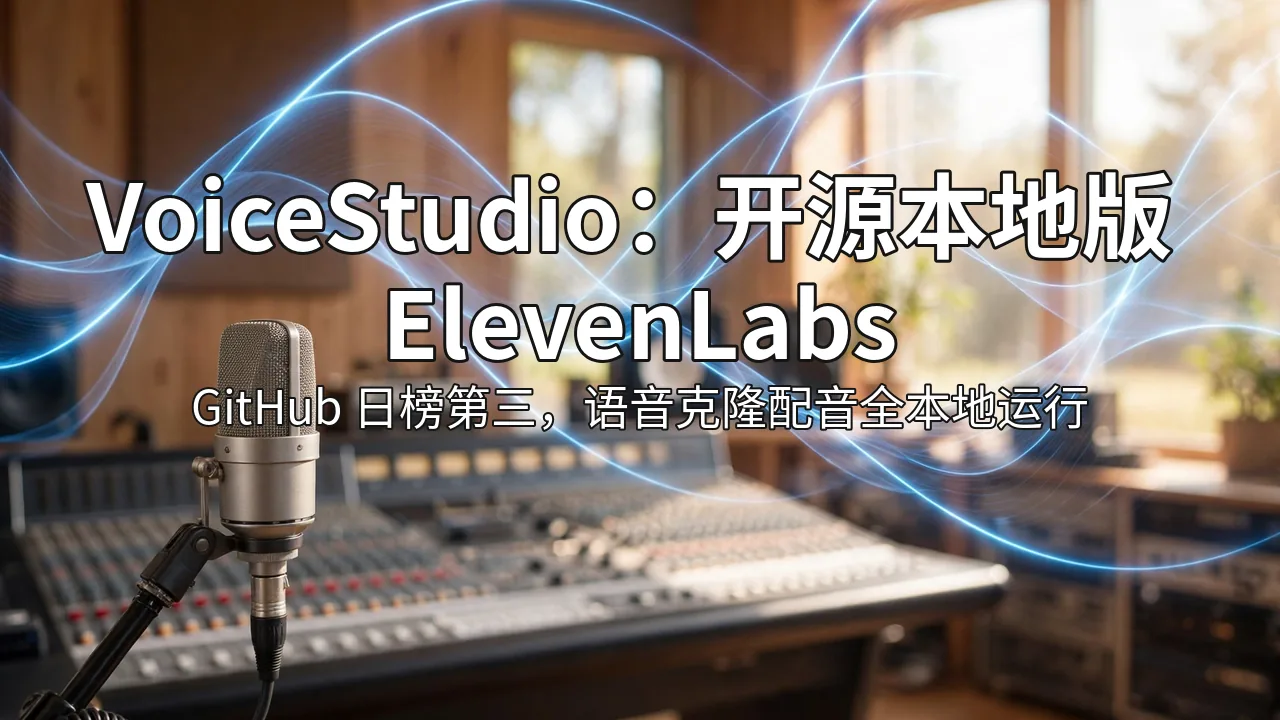 明亮的录音室,复古麦克风与蓝色声波弧线,压字标题 VoiceStudio 开源本地版 ElevenLabs