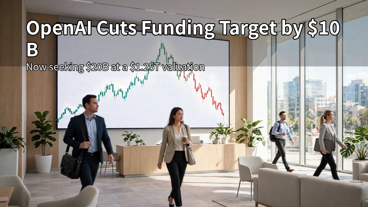 A bright modern office lobby with a large screen showing funding figures and a chart