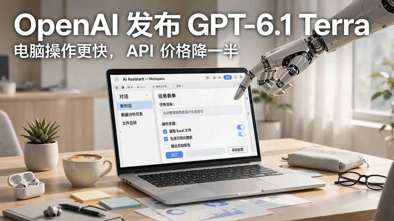 阳光明亮的办公桌上，笔记本电脑屏幕显示 AI 助手工作区，机械手指向屏幕