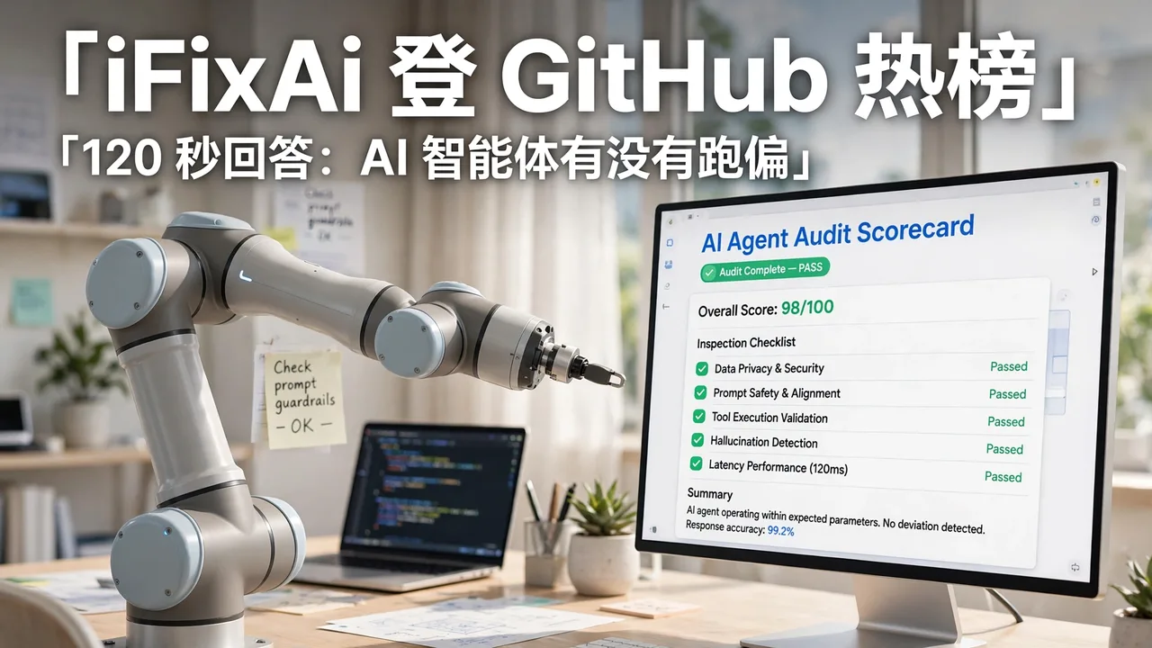 Robot arm pointing at an AI agent audit scorecard, bright tech style