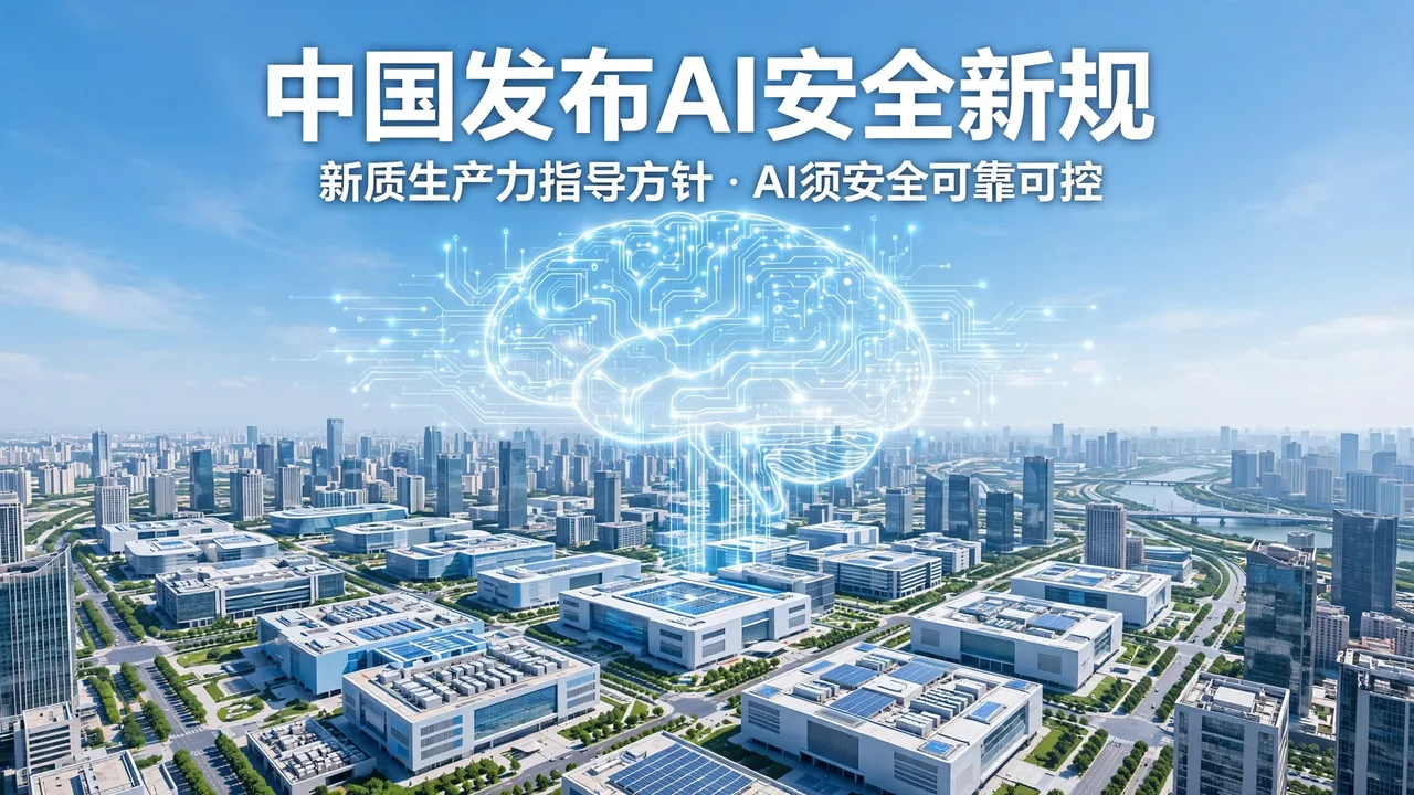 晴空下的中国现代科技园区与电路大脑 AI 元素