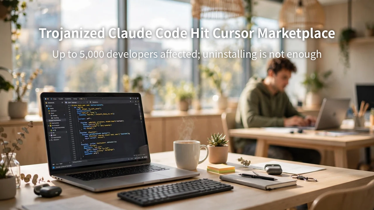 A bright developer workspace with a laptop showing a code editor