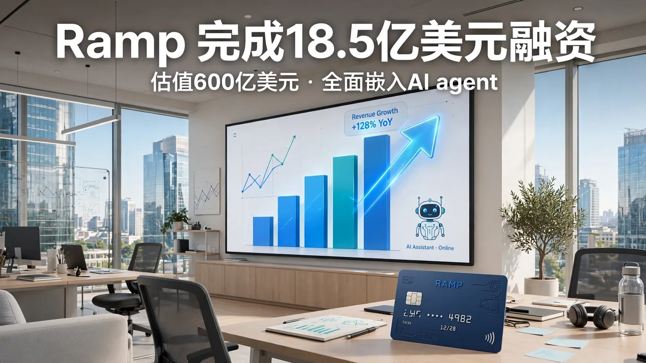 A bright fintech office: a wall display shows a rising bar chart and an AI robot icon, a Ramp-branded corporate credit card on the desk
