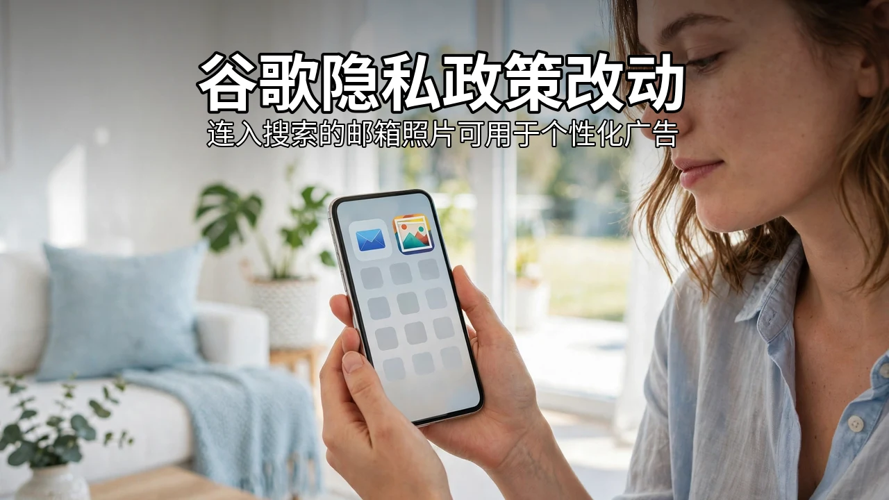 明亮客厅里一人手持显示邮件与照片的手机