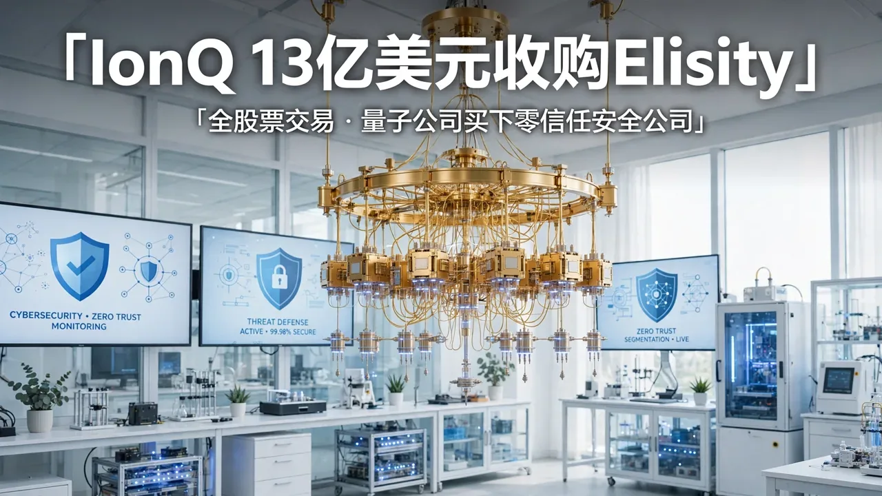 A golden chandelier-style quantum computer in a bright laboratory, with cybersecurity shield graphics on screens