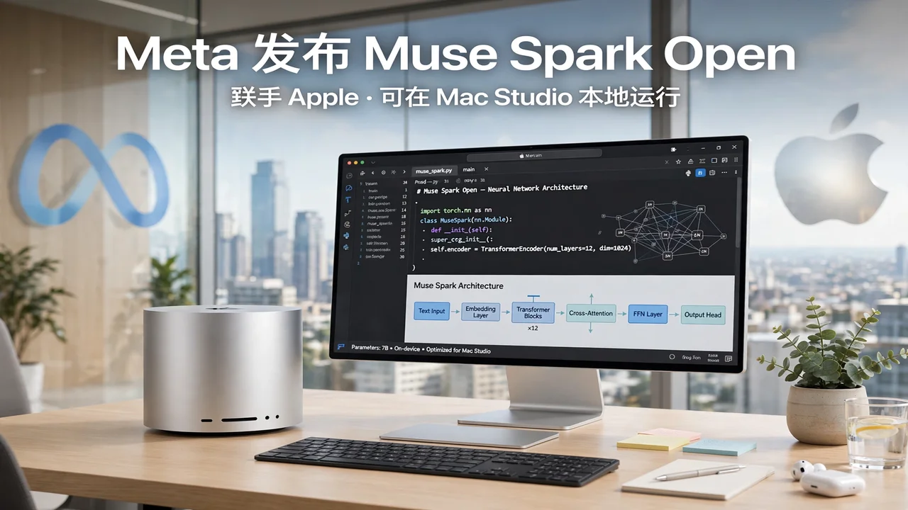 明亮的办公室场景，Mac Studio 与显示代码和神经网络图的显示器，标题「Meta 发布 Muse Spark Open」