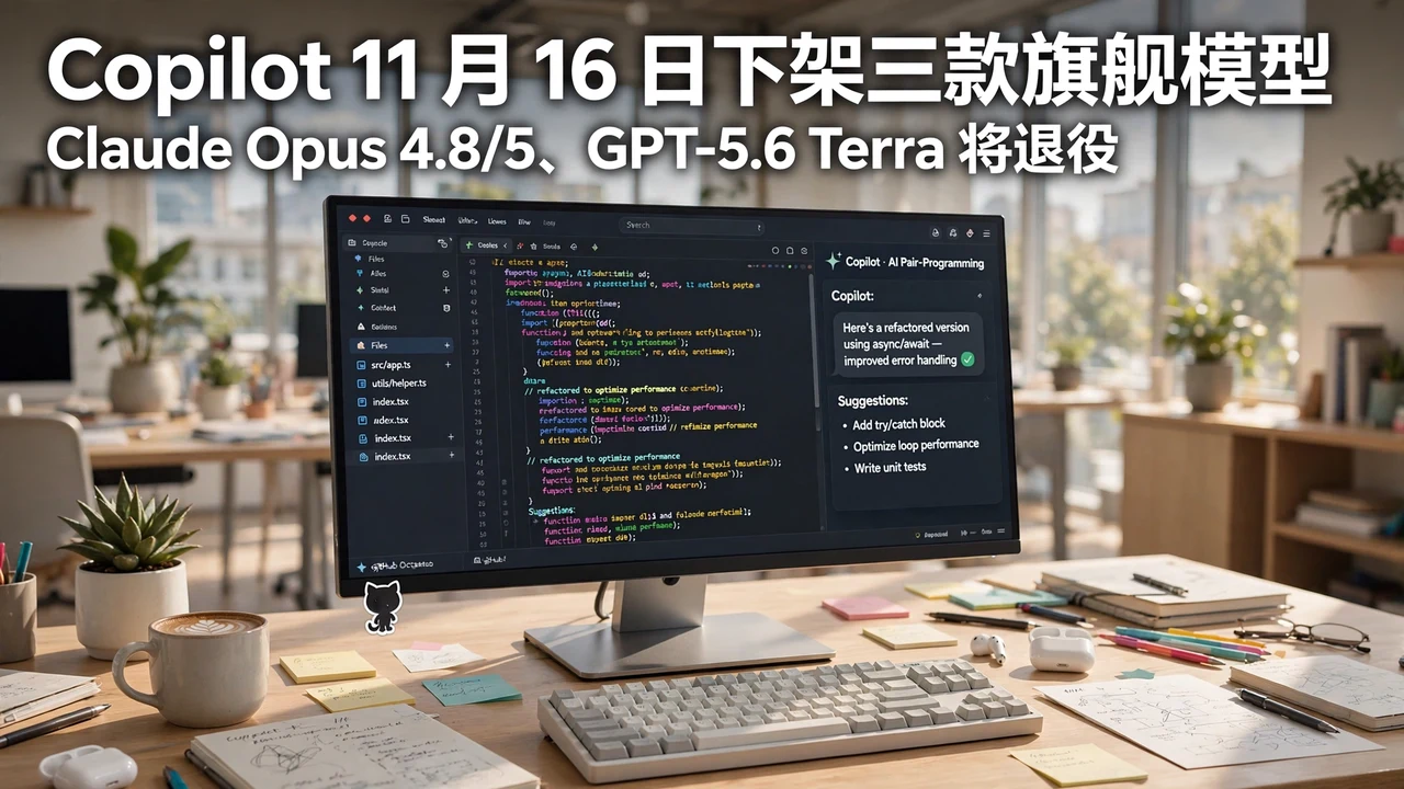GitHub Copilot cover: a bright developer desk with a code interface