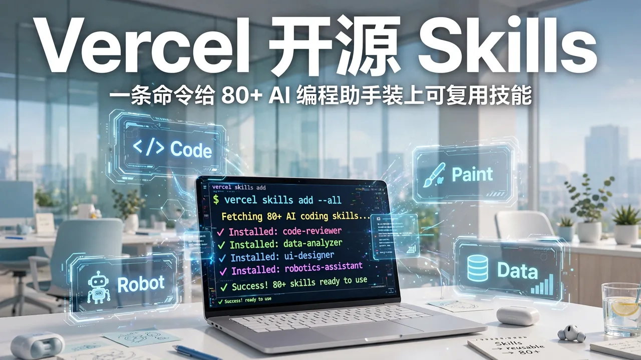 明亮的开发者工作区，笔记本电脑终端正在安装多个 AI 助手技能