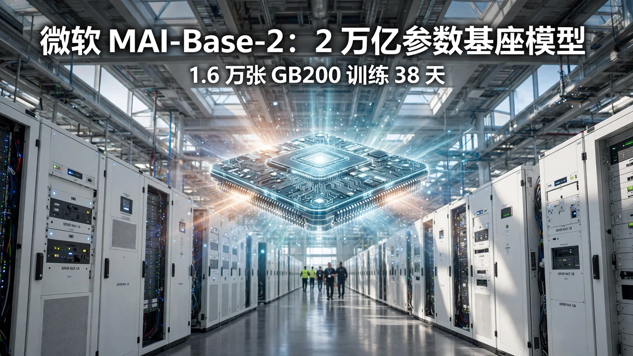 微软 MAI-Base-2 封面:明亮数据中心大厅与悬浮发光芯片