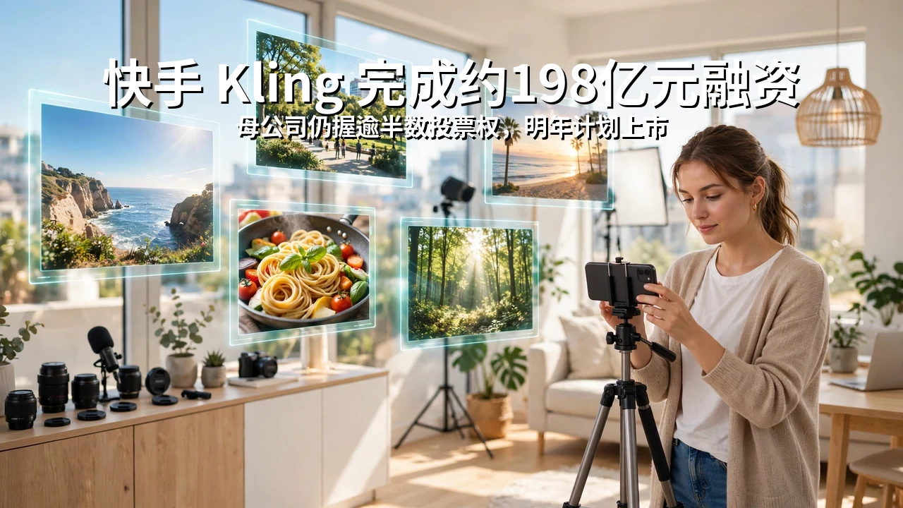 阳光明亮的视频创作工作室里，创作者用手机拍摄短视频，周围屏幕上呈现多个视频画面