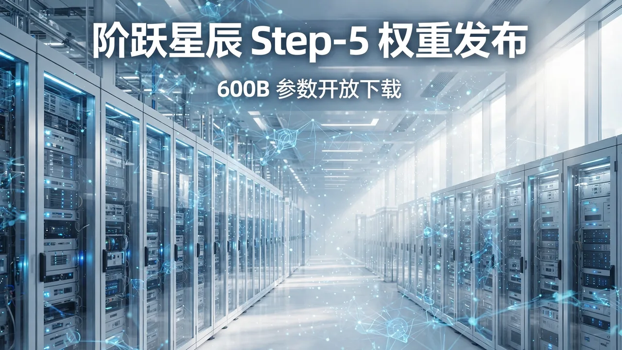 明亮写实的 AI 数据中心场景：灯光明亮的机房中成排发光服务器机柜，叠加白色中文标题