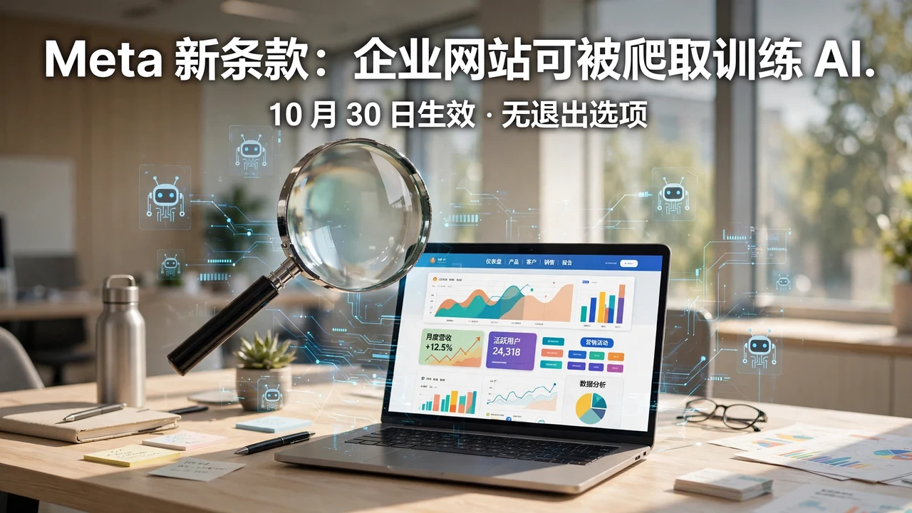Meta commercial-terms cover: a business website on a laptop under a magnifying glass in a bright office