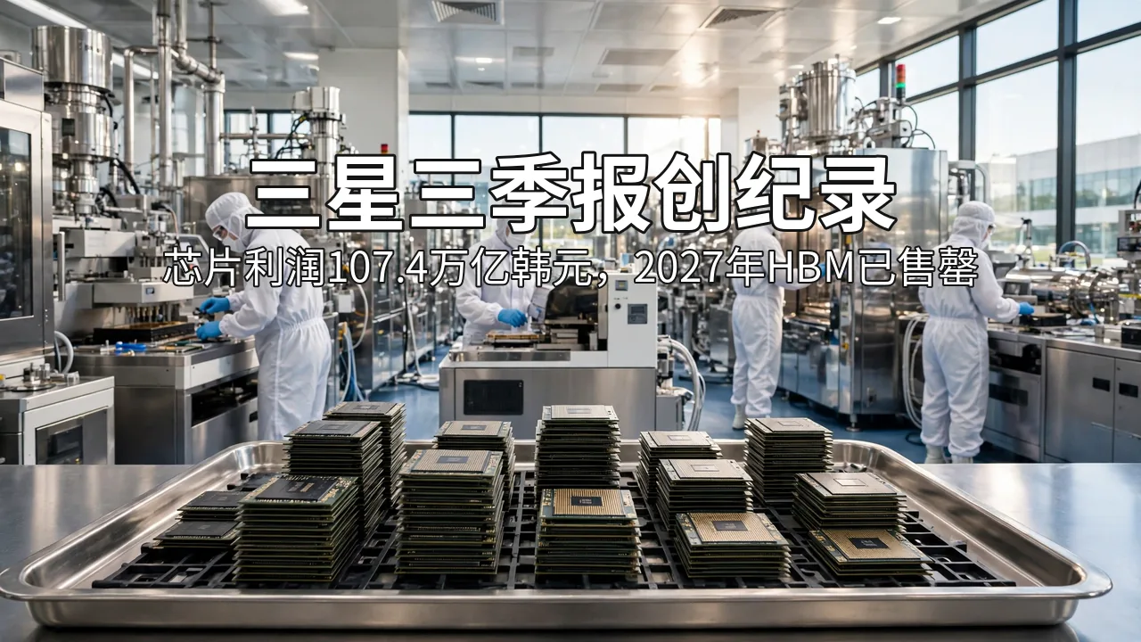 阳光明亮的半导体洁净车间，穿洁净服的工程师在设备旁工作，前景托盘上码放着芯片