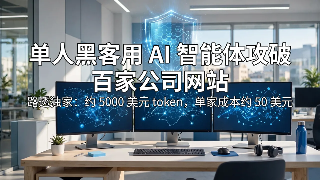 明亮写实的网络安全作战室画面：阳光充足的房间里三台显示器展示网络地图与代码，上方悬浮发光盾牌，画面上方压着白色中文标题