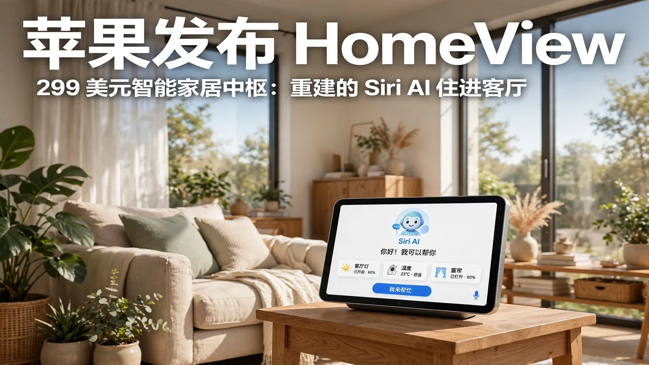 Sunlit living room with a smart home hub on a side table showing the Siri AI interface
