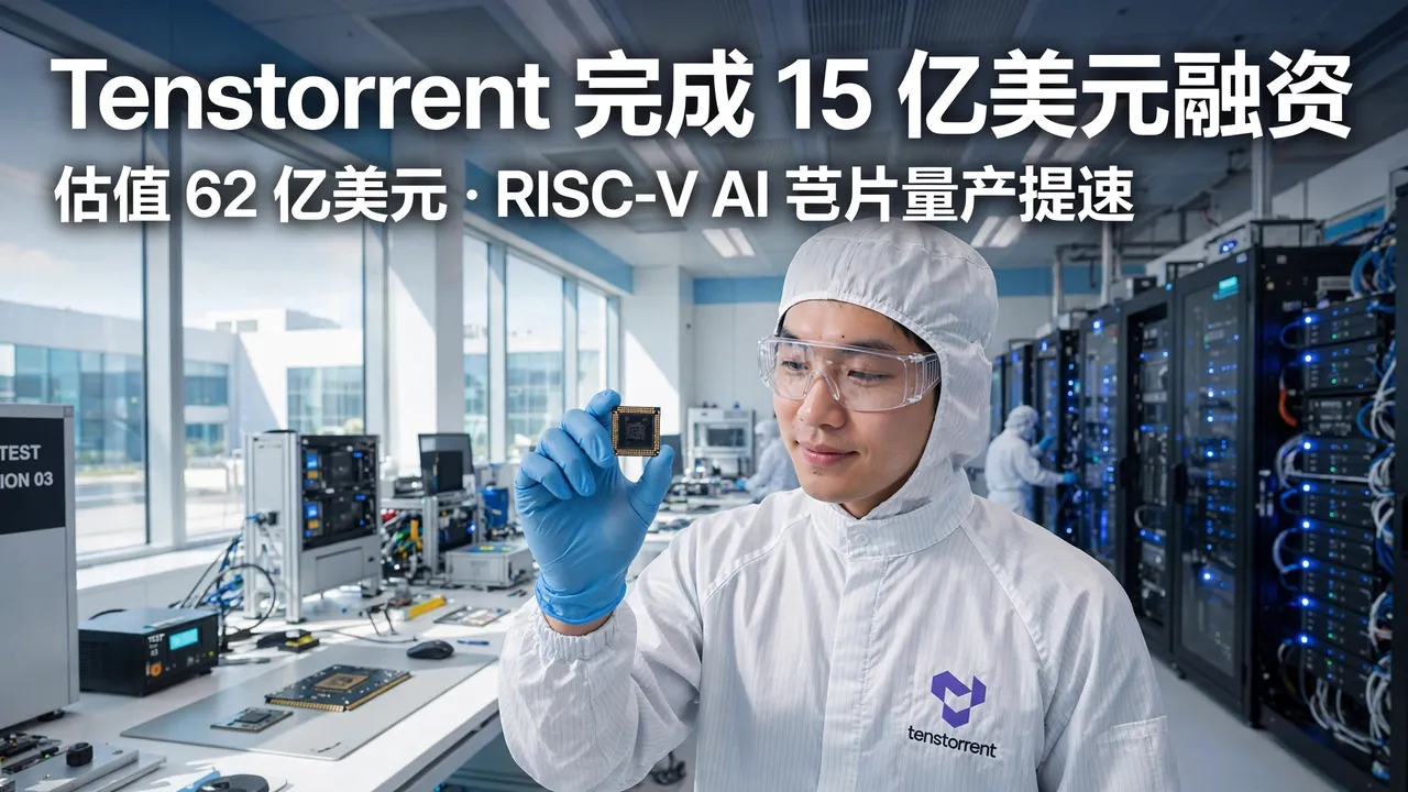 An engineer holds a chip in a bright semiconductor lab with server racks behind