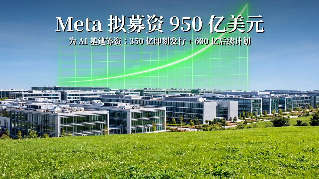 Bright illustration of a data-center campus with a rising green stock chart overhead (AI-generated image)