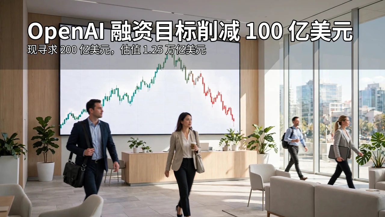 阳光明亮的现代办公大堂里，大屏幕上显示着融资数字与走势图