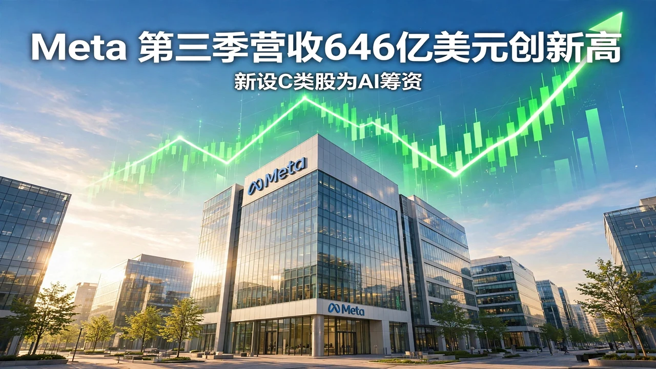 Bright illustration of Meta's campus with a rising green stock chart overhead (AI-generated)