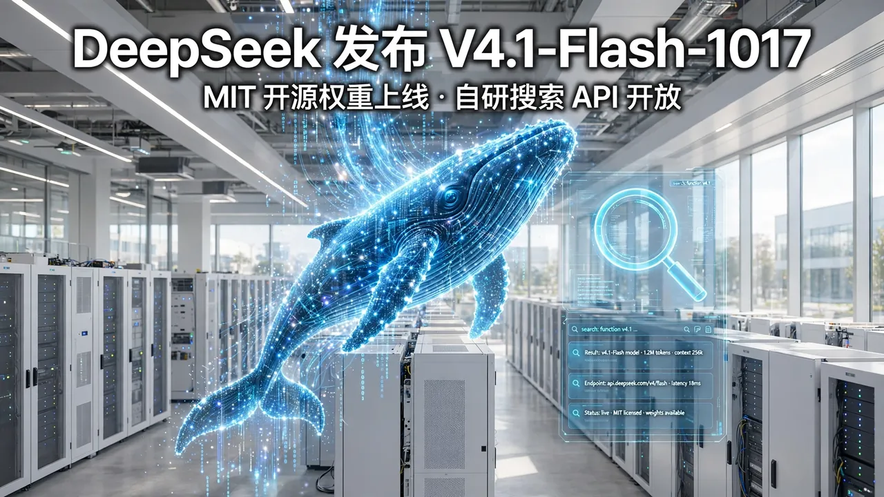 DeepSeek V4.1-Flash-1017 story cover: a whale of light rising over a bright data hall