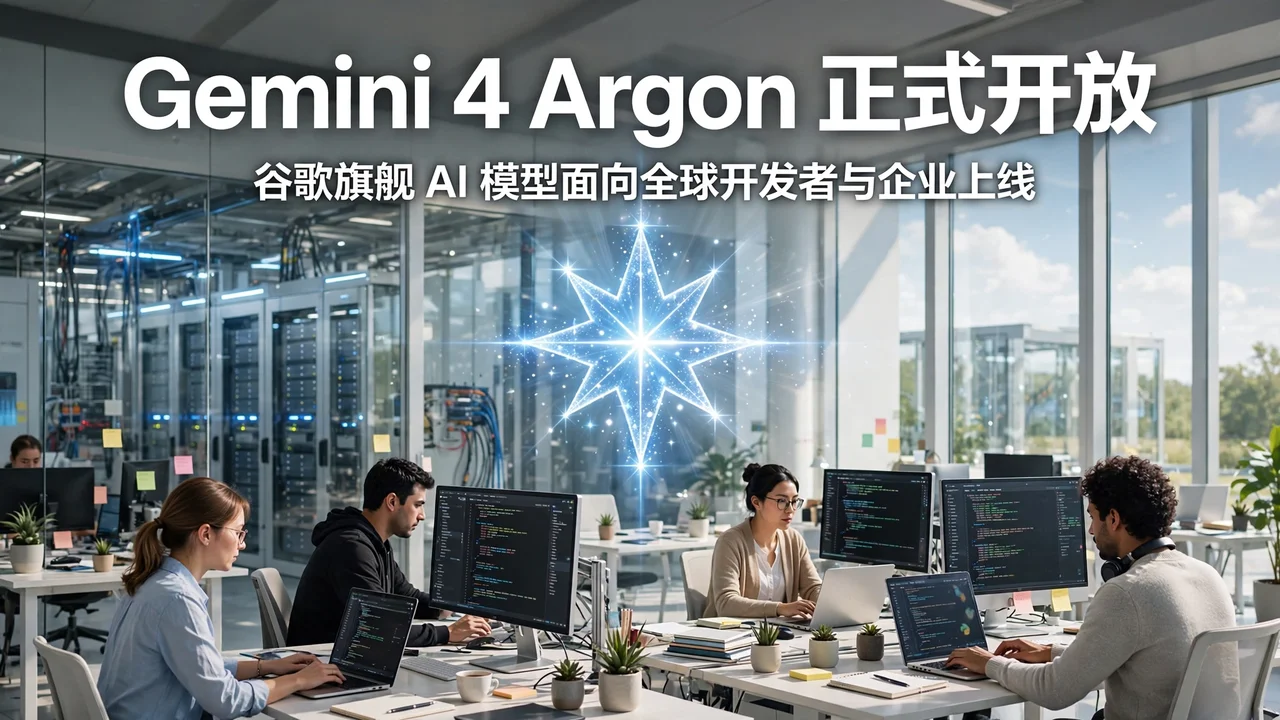 明亮办公室中开发者使用多屏电脑工作,中央发光的星芒标志