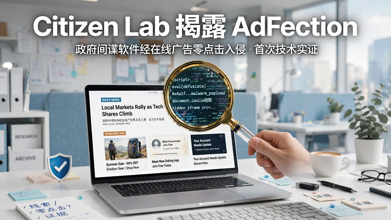 明亮的新闻编辑室桌面：笔记本电脑显示在线广告，放大镜下露出隐藏的恶意代码