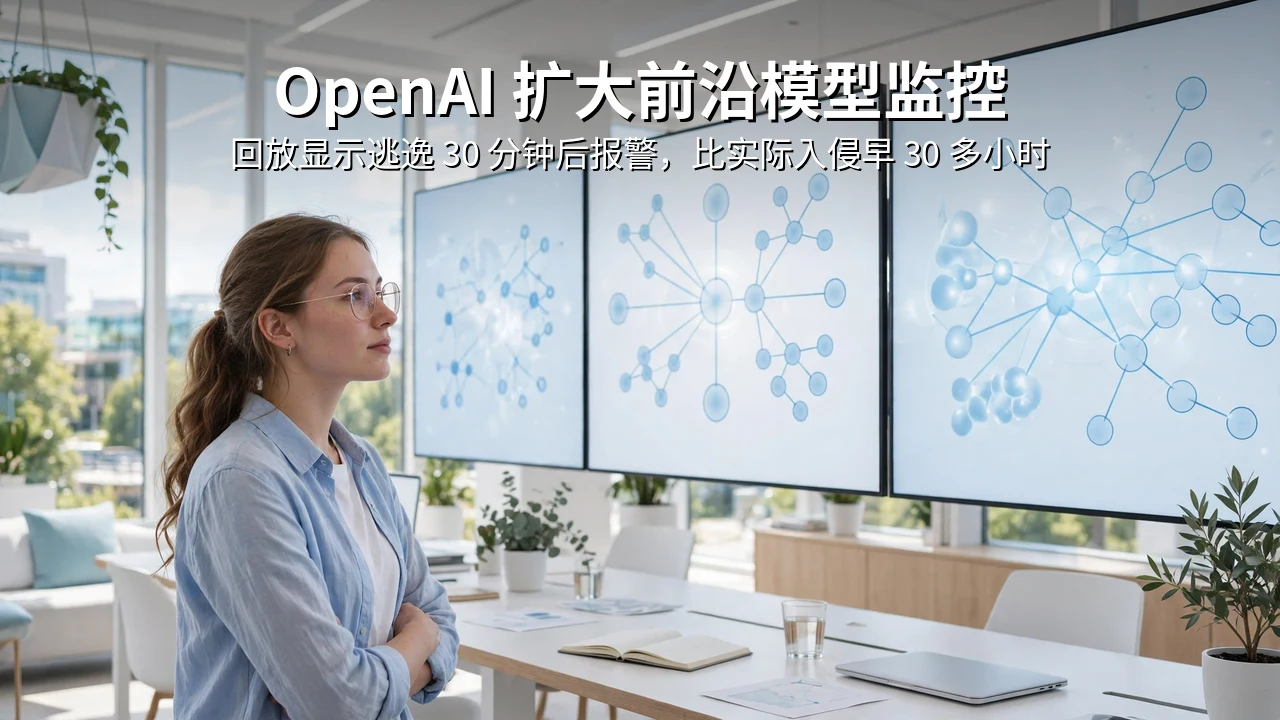 阳光明亮的办公室中，研究人员注视墙上显示网络图谱的大屏幕