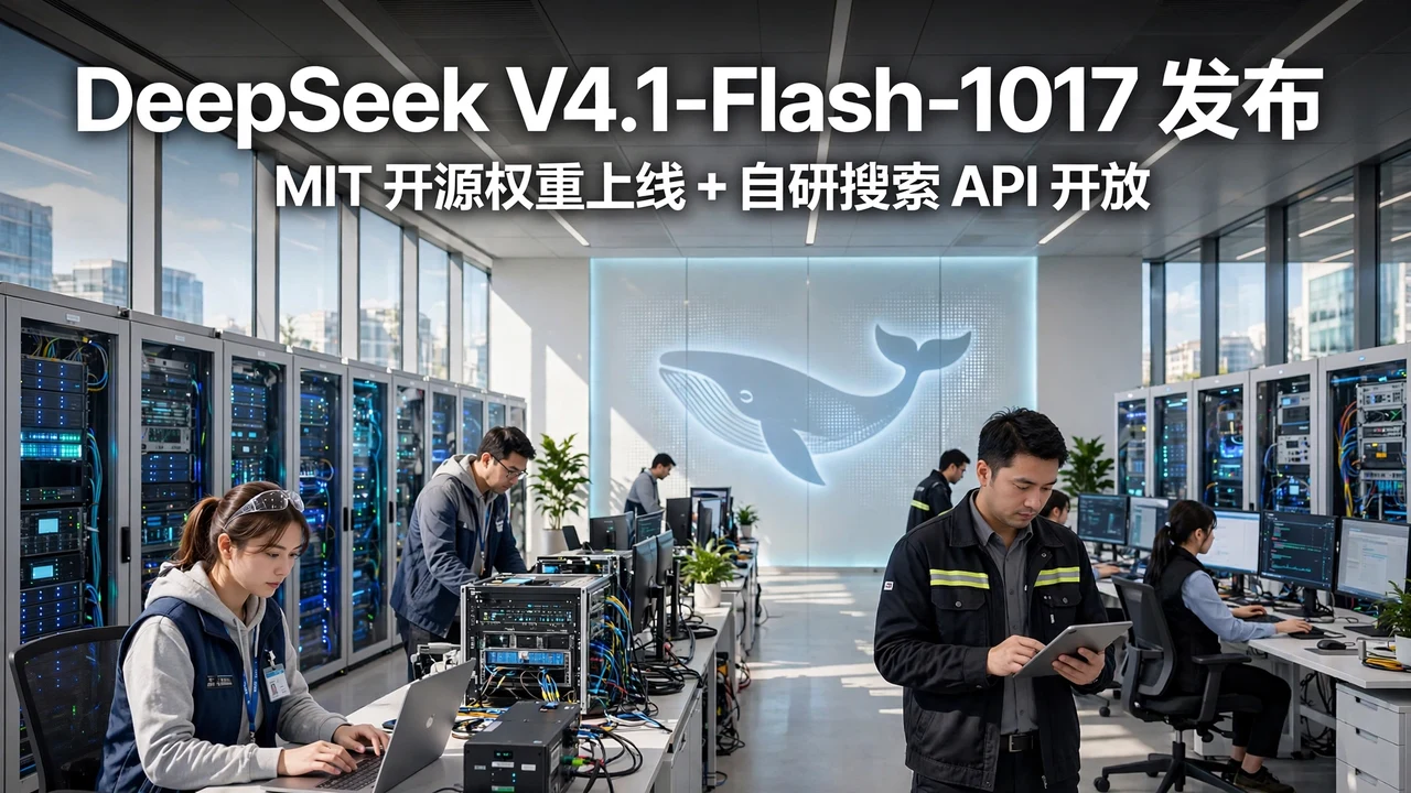 DeepSeek V4.1-Flash-1017 cover: a bright data center hall with a whale emblem
