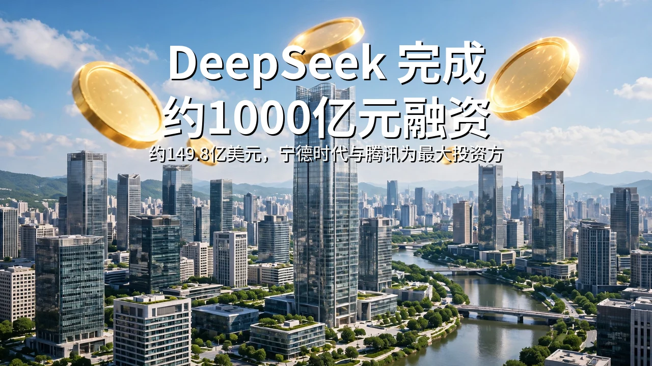 明亮写实的杭州科技新区天际线，金色人民币符号硬币悬浮在空中，大标题写着 DeepSeek 完成约1000亿元融资