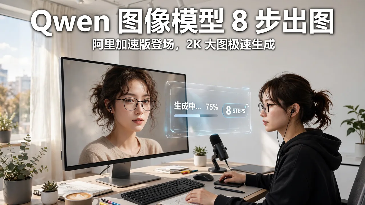 明亮工作室中，设计师用 AI 生成图像，屏幕显示 8 步生成进度