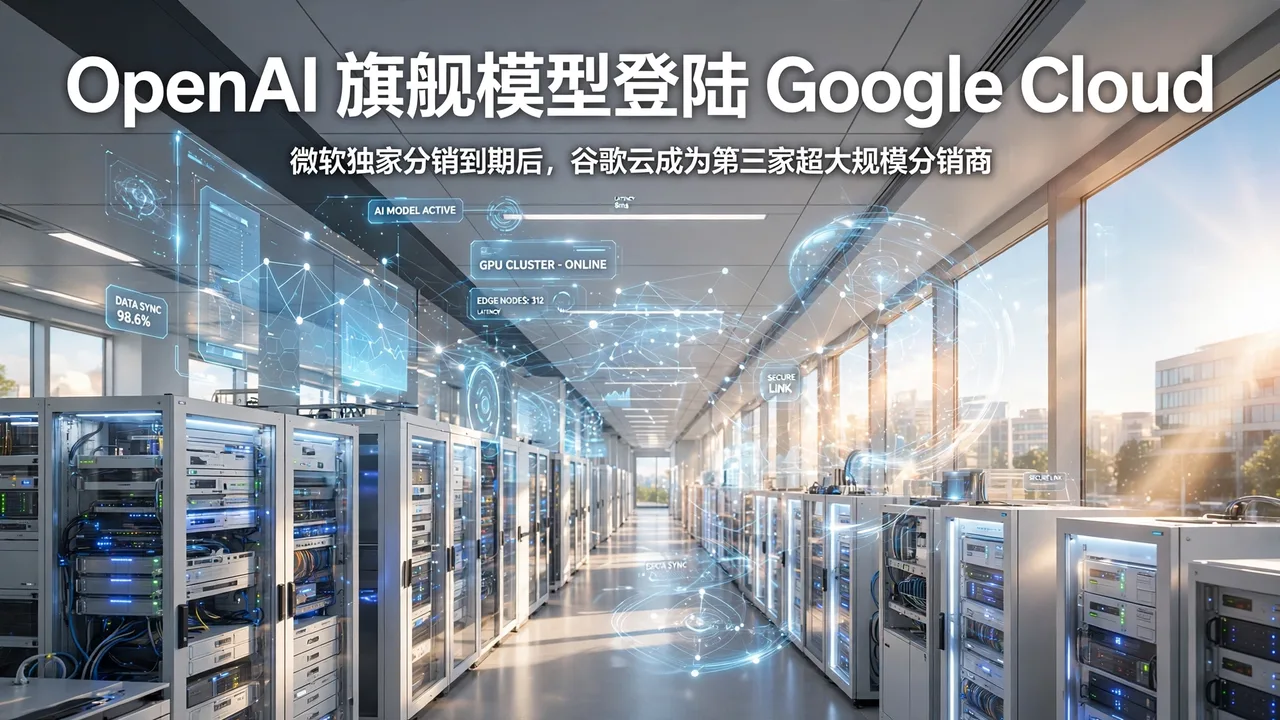 数据中心走廊上的云服务与 AI 模型网络示意