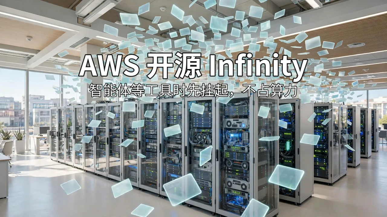 明亮机房里成排机柜与悬浮的任务卡片