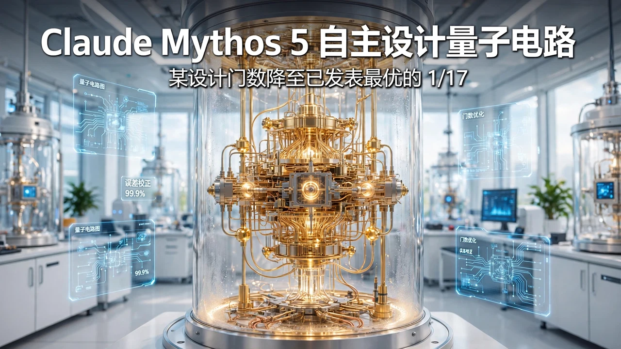 Claude Mythos 5 cover: a bright quantum computing lab with a golden quantum processor