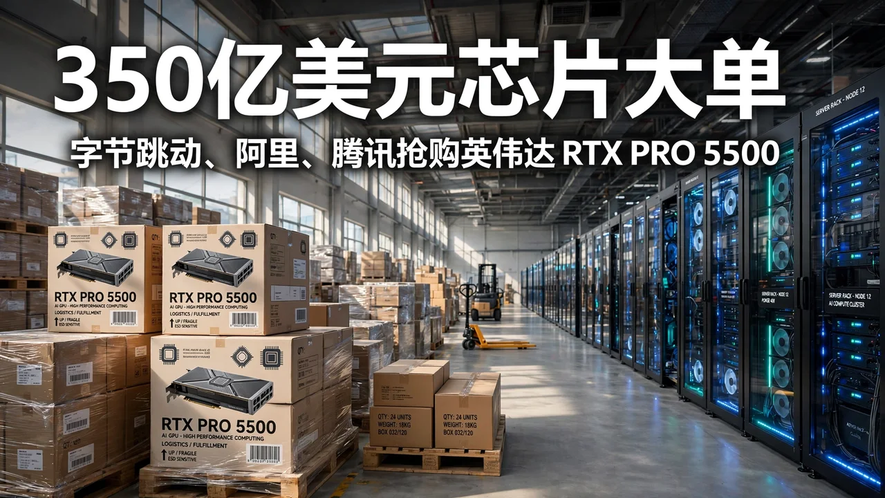 RTX PRO 5500 graphics card boxes stacked in a warehouse beside server racks
