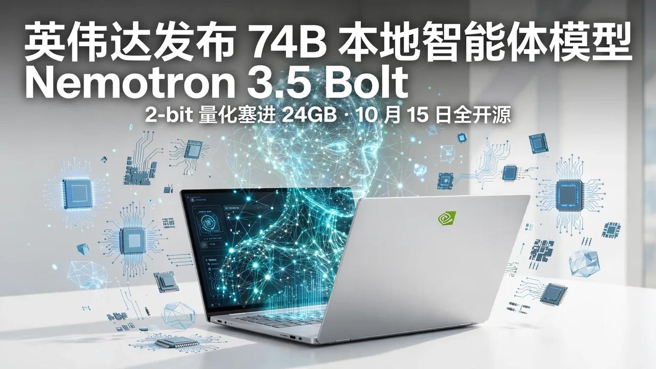 AI laptop with holographic neural-network interface and a headline about NVIDIA's Nemotron 3.5 Bolt