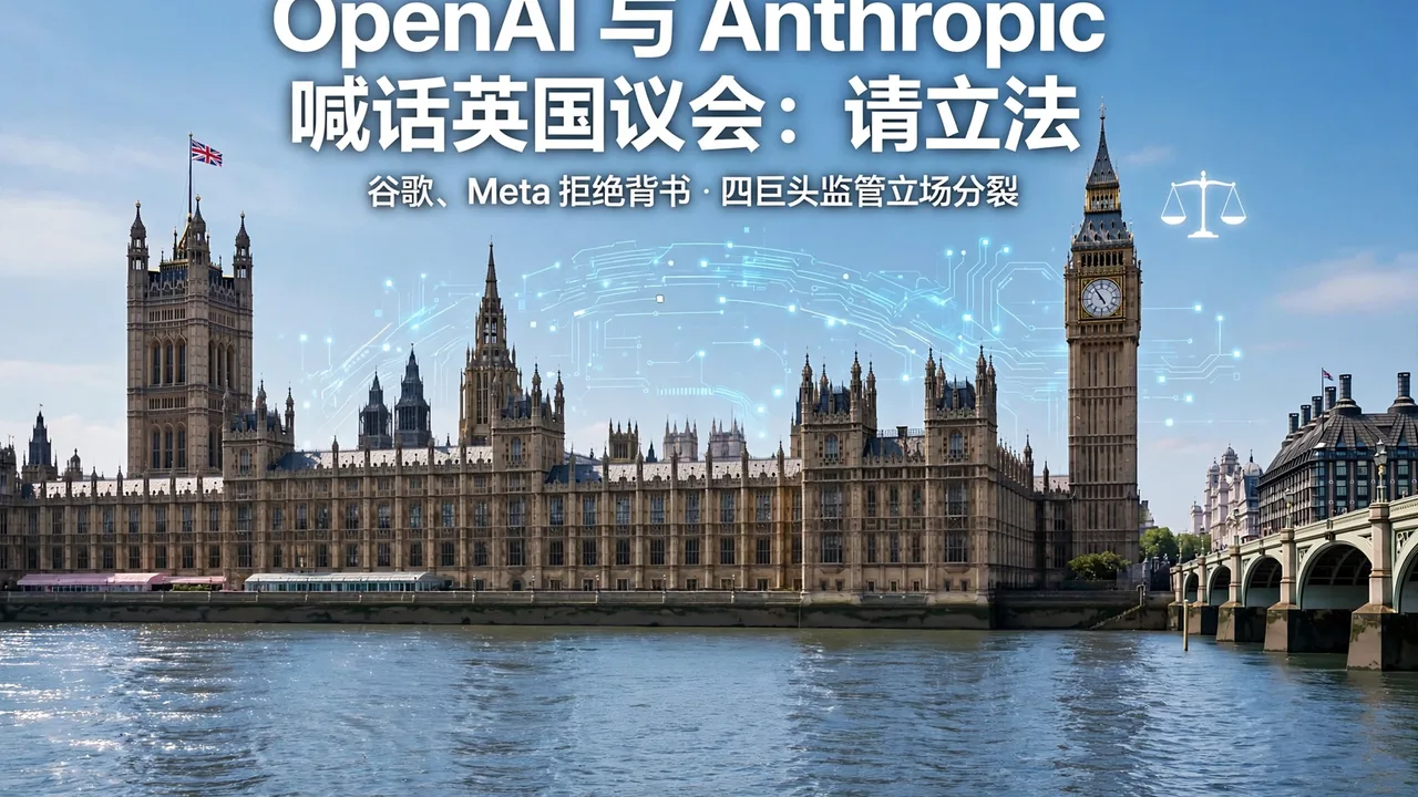 UK Parliament building with AI circuit motifs and a headline about OpenAI and Anthropic urging legislation