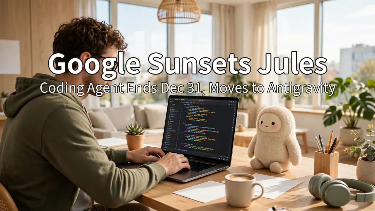 A developer writing code on a laptop in a sunny room, with a small robot figure on the desk