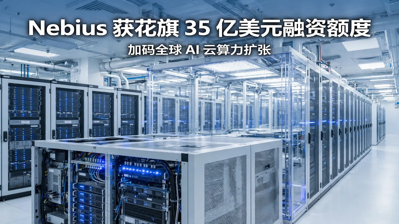 明亮的数据中心机房：成排机柜与服务器指示灯，白色大字压图「Nebius 获花旗 35 亿美元融资额度」