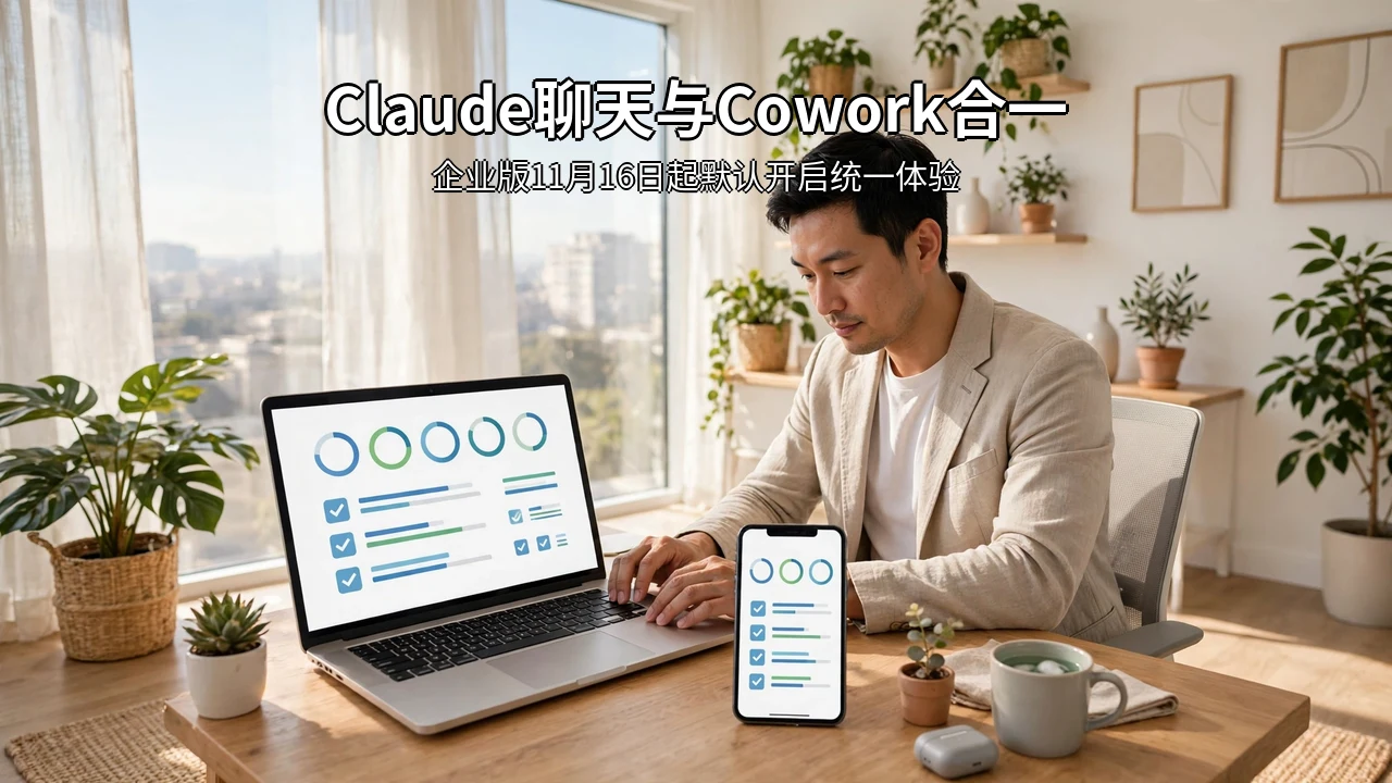 阳光明亮的办公室：职场人士在笔记本电脑与手机上处理同一项任务（AI 生成图）
