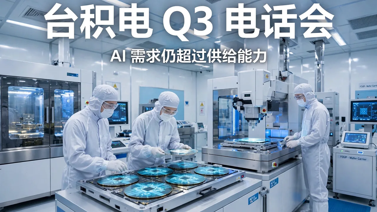 Bright photorealistic semiconductor cleanroom scene: engineers in bunny suits working beside chip fabrication equipment, with a white Chinese headline overlaid