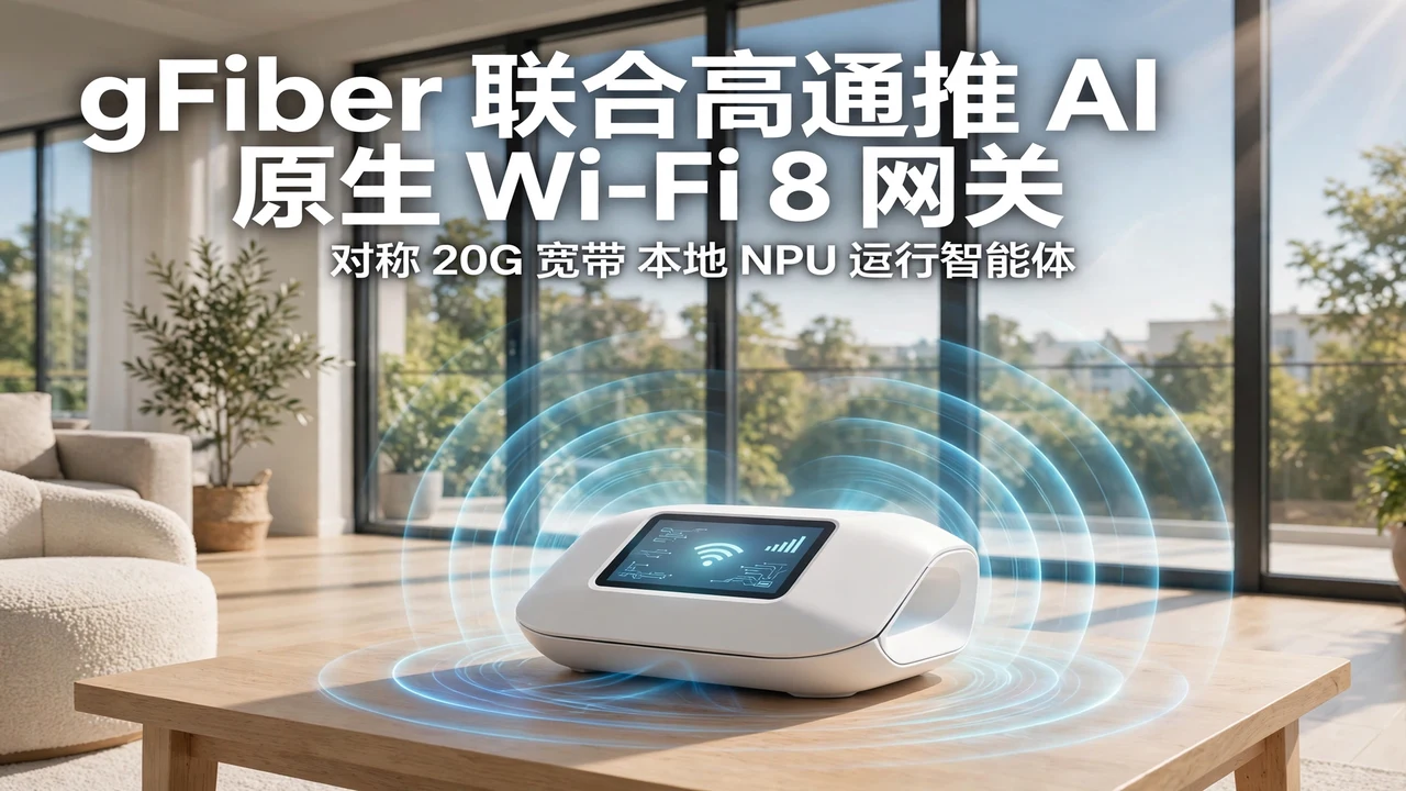 Sunlit living room with a white Wi-Fi 8 gateway emitting signal ripples on a table