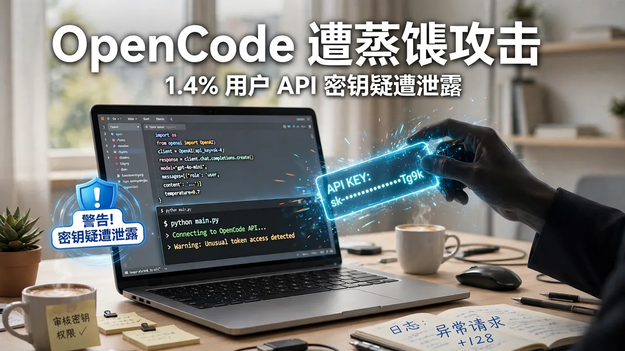 笔记本电脑代码界面与 API 密钥安全警示的明亮插画