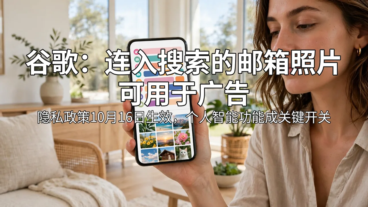 Person holding a phone showing email and photos in a bright living room