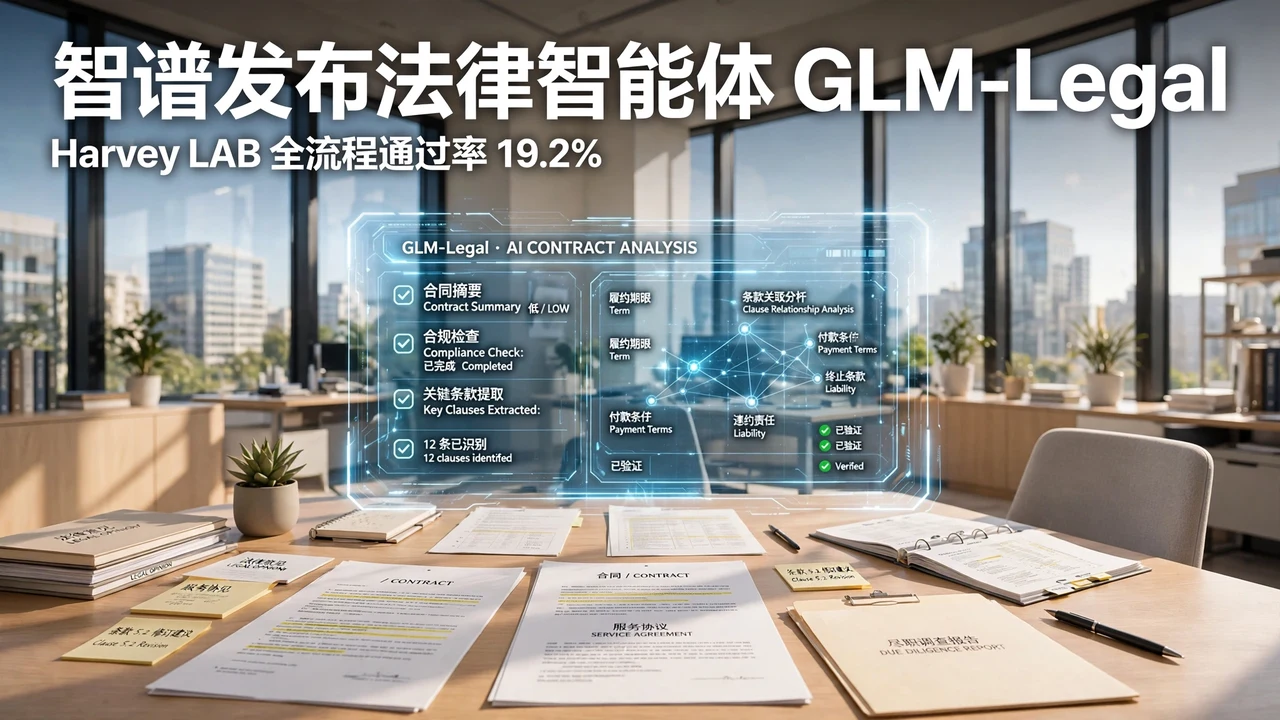 Sunlit law office with contracts on the desk and a holographic AI analysis interface