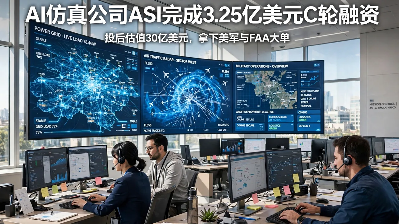 Bright illustration of a sunlit mission-control room with a giant curved wall showing power-grid and air-traffic simulation dashboards